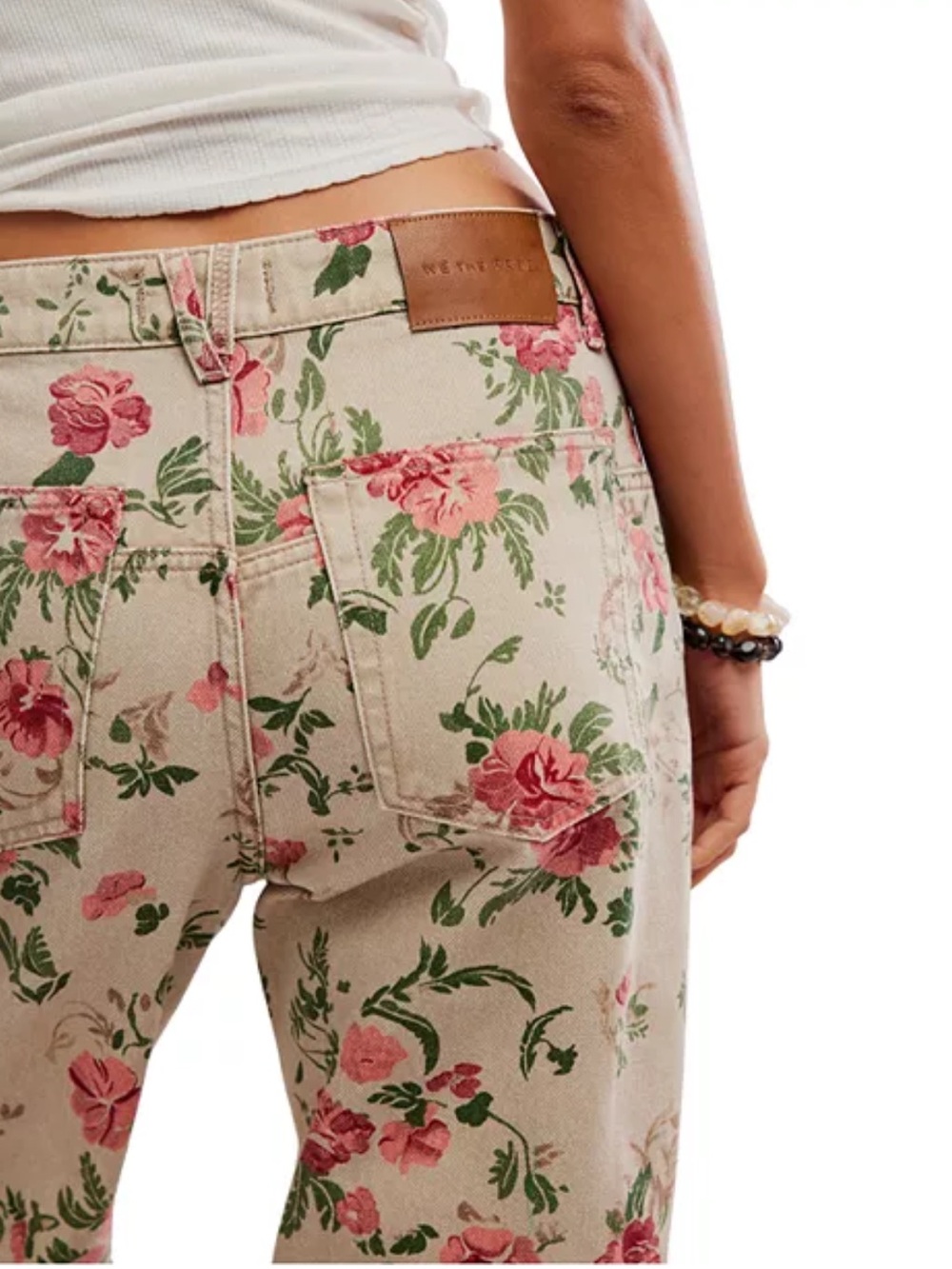 Free People High-Rise Floral Jeans in Cream with Pink & Green Print